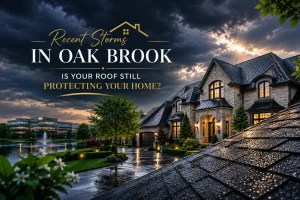 Storm damage roof inspection in Oak Brook after heavy rain and hail